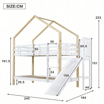 Etagenbett mit Rutsche und dreistufiger Winkelaufstiegsleiter, Hausbett mit mit Absturzsicherung, Kinderbett, Bettrahmen aus Massivholz, Weiß+Natur, 90x200cm