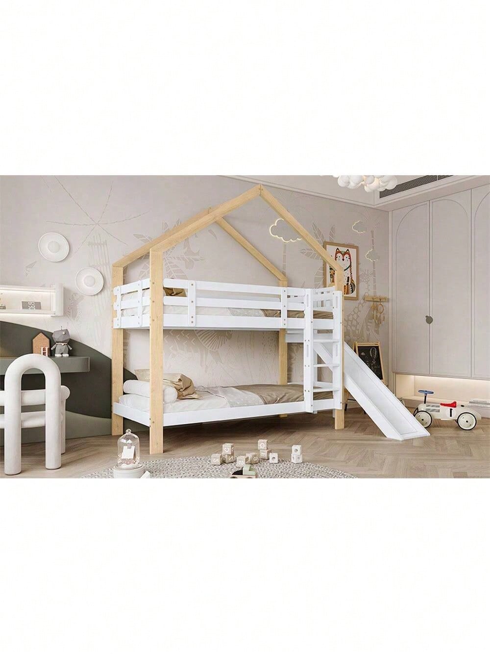 Etagenbett mit Rutsche und dreistufiger Winkelaufstiegsleiter, Hausbett mit mit Absturzsicherung, Kinderbett, Bettrahmen aus Massivholz, Weiß+Natur, 90x200cm