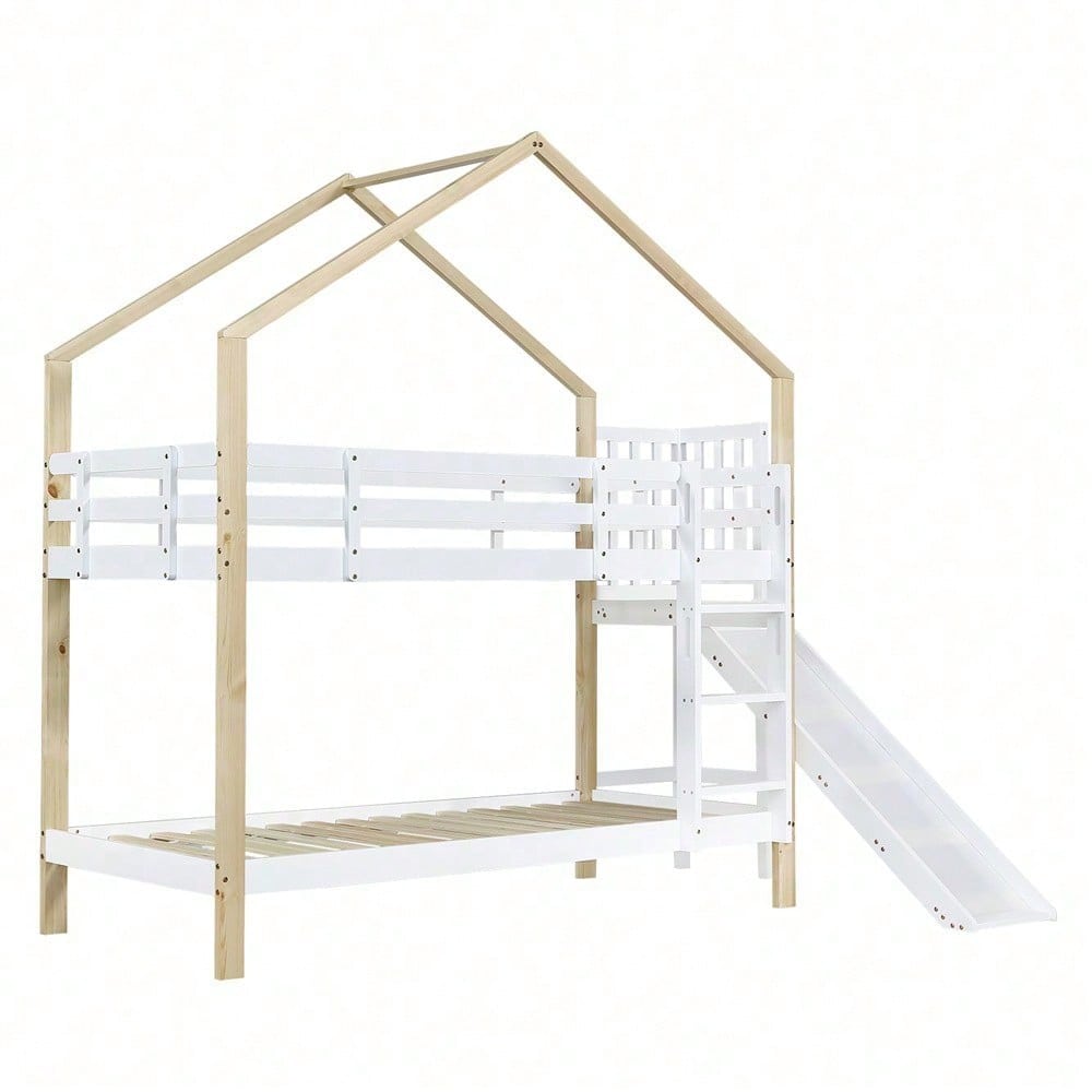 Etagenbett mit Rutsche und dreistufiger Winkelaufstiegsleiter, Hausbett mit mit Absturzsicherung, Kinderbett, Bettrahmen aus Massivholz, Weiß+Natur, 90x200cm