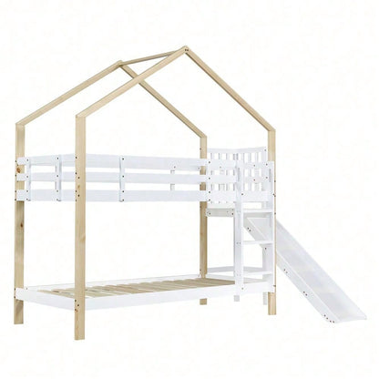 Etagenbett mit Rutsche und dreistufiger Winkelaufstiegsleiter, Hausbett mit mit Absturzsicherung, Kinderbett, Bettrahmen aus Massivholz, Weiß+Natur, 90x200cm