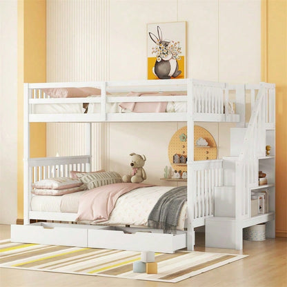 140*200cm Etagenbett, Treppenregal, ausgestattet mit zwei Schubladen, hohe Geländer, EN747-1 zertifiziert, weiß