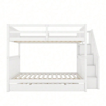 140*200cm Etagenbett, Treppenregal, ausgestattet mit zwei Schubladen, hohe Geländer, EN747-1 zertifiziert, weiß