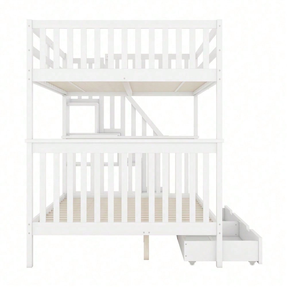 140*200cm Etagenbett, Treppenregal, ausgestattet mit zwei Schubladen, hohe Geländer, EN747-1 zertifiziert, weiß