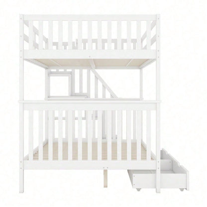 140*200cm Etagenbett, Treppenregal, ausgestattet mit zwei Schubladen, hohe Geländer, EN747-1 zertifiziert, weiß