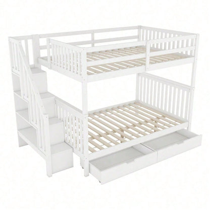 140*200cm Etagenbett, Treppenregal, ausgestattet mit zwei Schubladen, hohe Geländer, EN747-1 zertifiziert, weiß