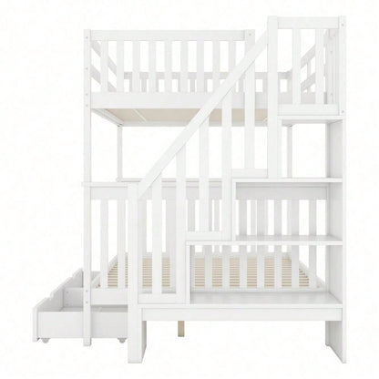 140*200cm Etagenbett, Treppenregal, ausgestattet mit zwei Schubladen, hohe Geländer, EN747-1 zertifiziert, weiß