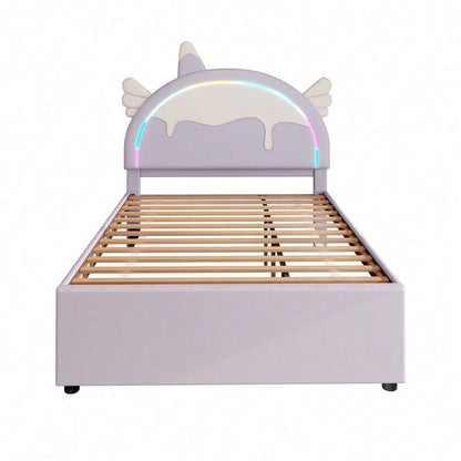 140*200cm Cartoon Kinderbett, Einhornform, ausgestattet mit ausziehbares rollbett, PU-Material,Violett
