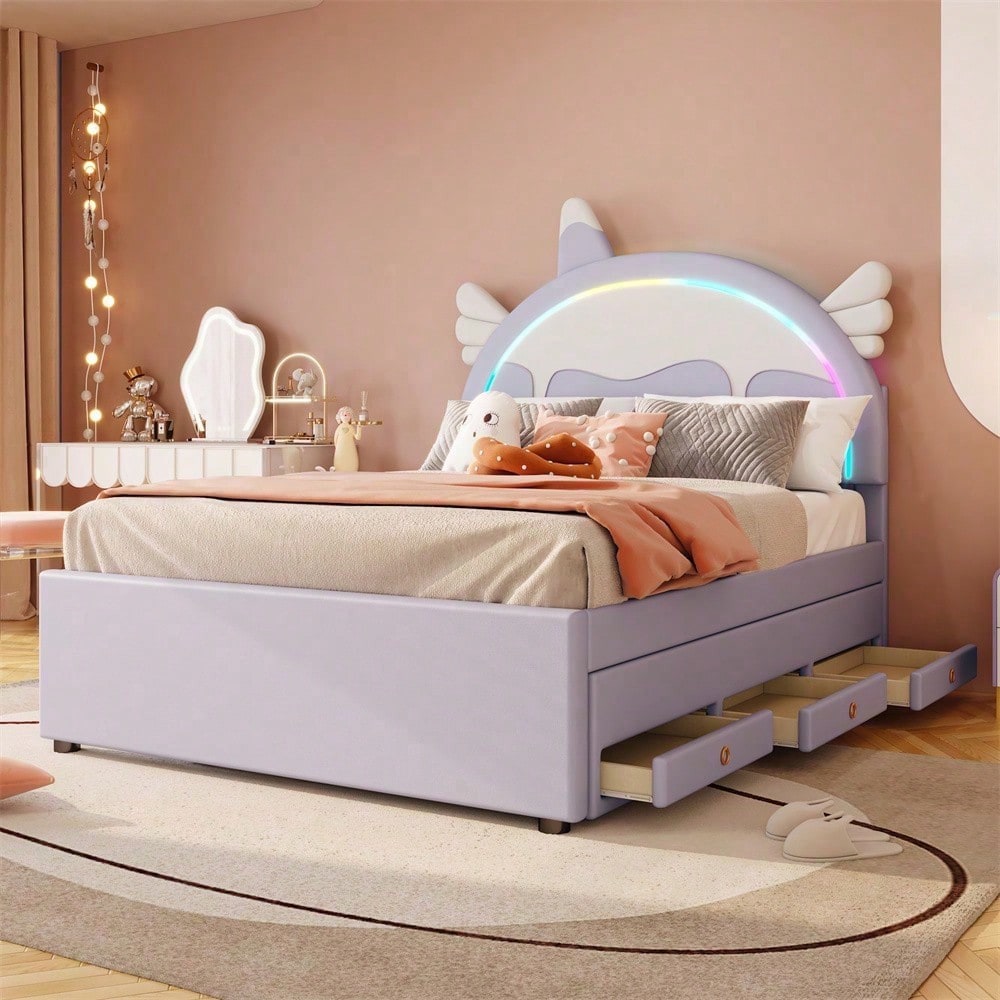 140*200cm Cartoon Kinderbett, Einhornform, ausgestattet mit ausziehbares rollbett, PU-Material,Violett