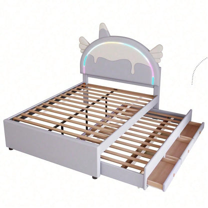 140*200cm Cartoon Kinderbett, Einhornform, ausgestattet mit ausziehbares rollbett, PU-Material,Violett