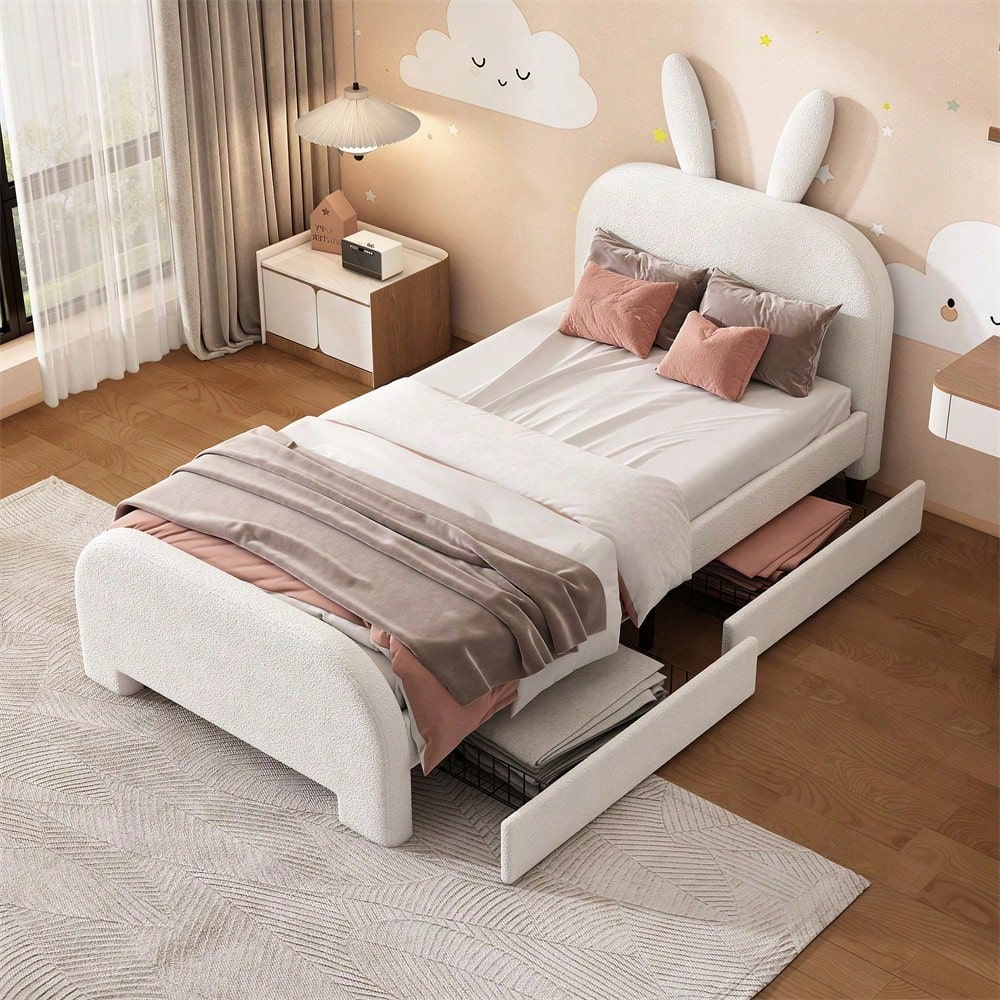 90*200cm Flaches Bett, gepolstert, Schafwolle resistent, Cartoon Kaninchenform, zwei Schubladen, rosa