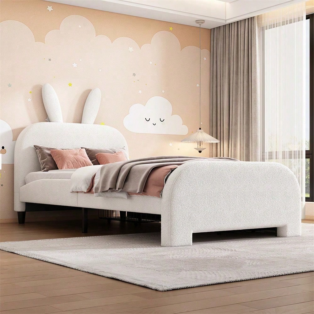 90*200cm Flaches Bett, gepolstert, Schafwolle resistent, Cartoon Kaninchenform, zwei Schubladen, rosa