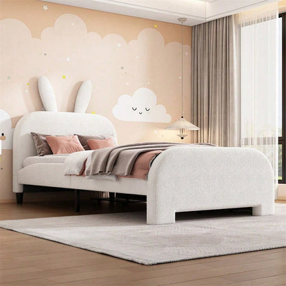 90*200cm Flaches Bett, gepolstert, Schafwolle resistent, Cartoon Kaninchenform, zwei Schubladen, rosa