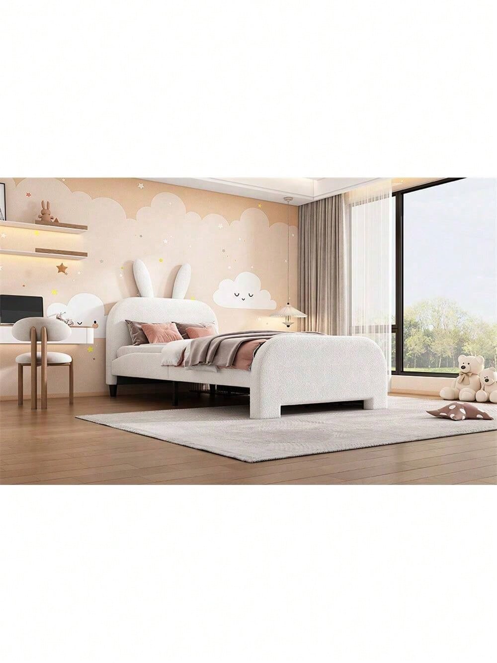 90*200cm Flaches Bett, gepolstert, Schafwolle resistent, Cartoon Kaninchenform, zwei Schubladen, rosa
