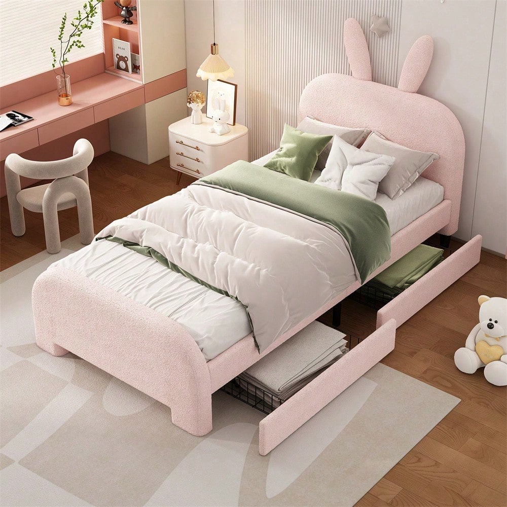 90*200cm Flaches Bett, gepolstert, Schafwolle resistent, Cartoon Kaninchenform, zwei Schubladen, rosa