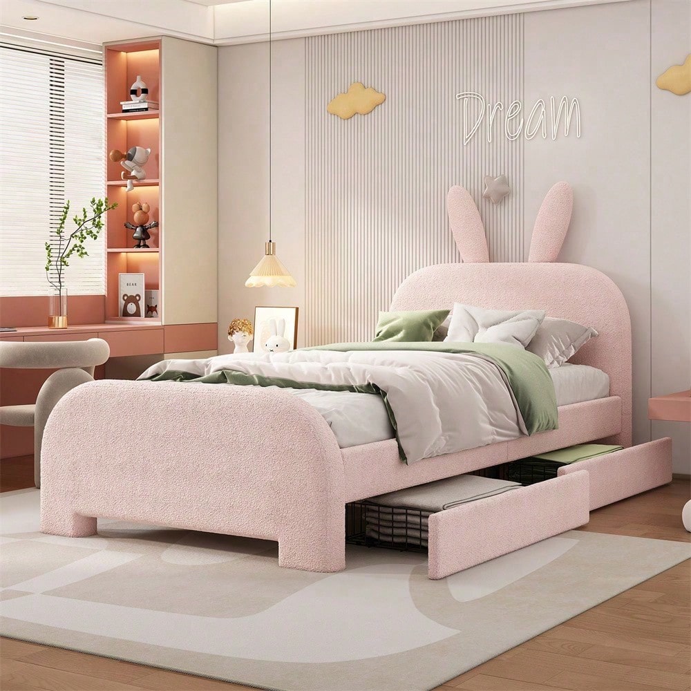 90*200cm Flaches Bett, gepolstert, Schafwolle resistent, Cartoon Kaninchenform, zwei Schubladen, rosa