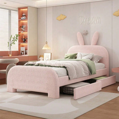 90*200cm Flaches Bett, gepolstert, Schafwolle resistent, Cartoon Kaninchenform, zwei Schubladen, rosa