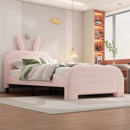 90*200cm Flaches Bett, gepolstert, Schafwolle resistent, Cartoon Kaninchenform, zwei Schubladen, rosa