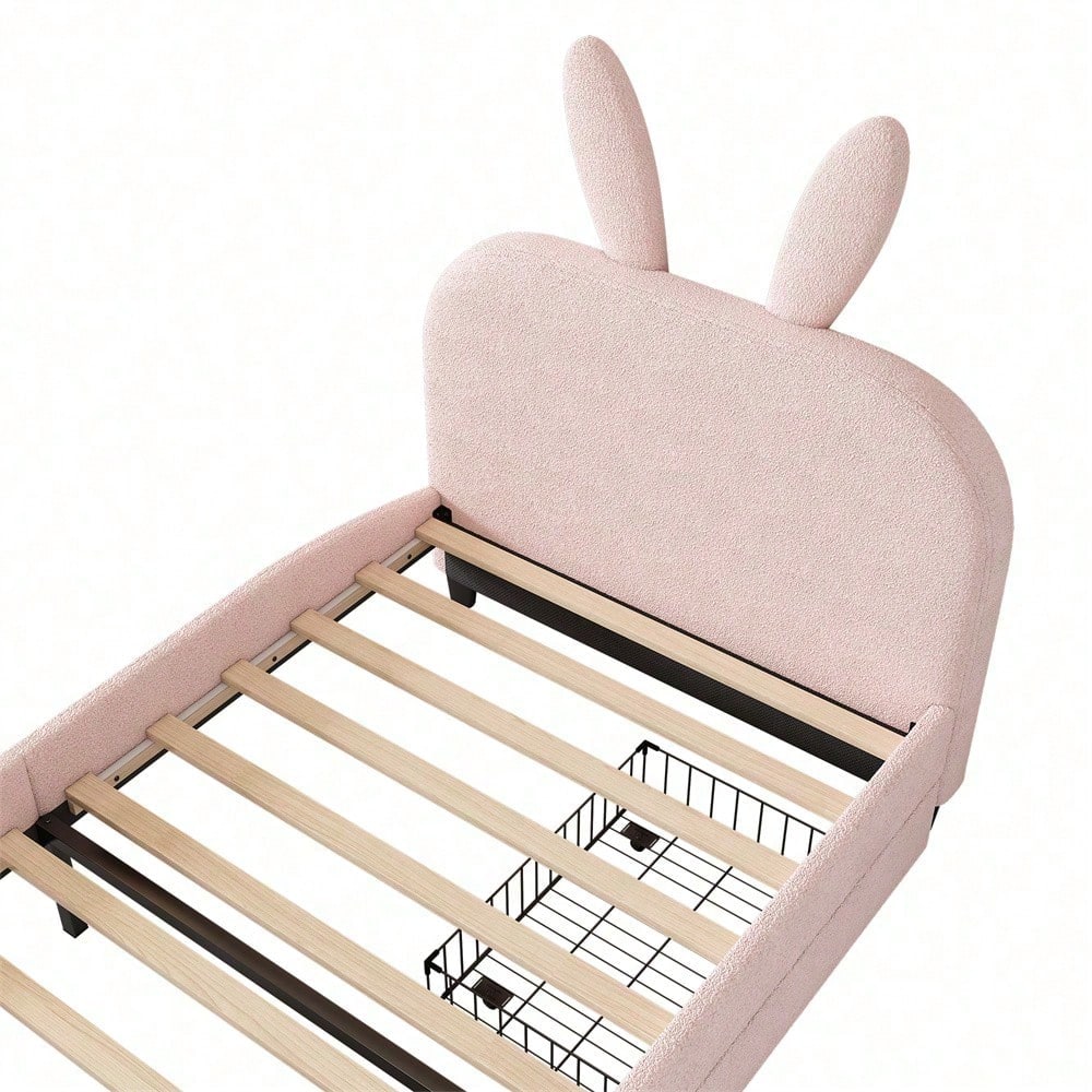 90*200cm Flaches Bett, gepolstert, Schafwolle resistent, Cartoon Kaninchenform, zwei Schubladen, rosa