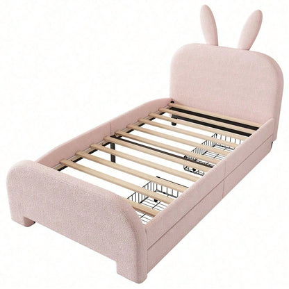 90*200cm Flaches Bett, gepolstert, Schafwolle resistent, Cartoon Kaninchenform, zwei Schubladen, rosa