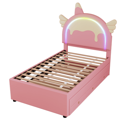 90*200cm Cartoon Kinderbett, Einhornform, ausgestattet mit ausziehbares rollbett, PU-Material, rosa
