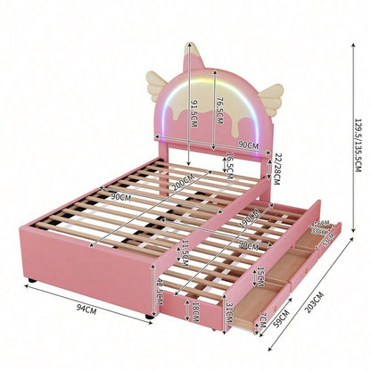 90*200cm Cartoon Kinderbett, Einhornform, ausgestattet mit ausziehbares rollbett, PU-Material, rosa