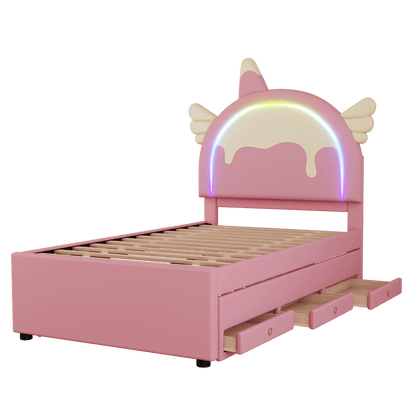 90*200cm Cartoon Kinderbett, Einhornform, ausgestattet mit ausziehbares rollbett, PU-Material, rosa