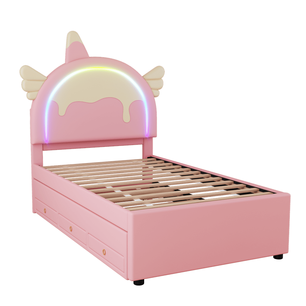 90*200cm Cartoon Kinderbett, Einhornform, ausgestattet mit ausziehbares rollbett, PU-Material, rosa