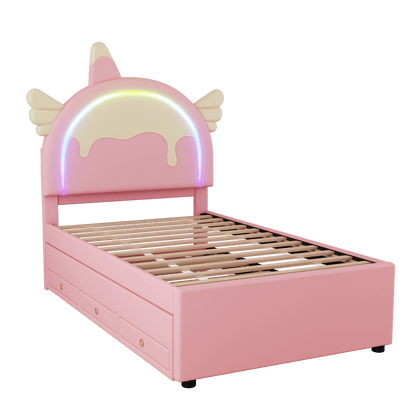 90*200cm Cartoon Kinderbett, Einhornform, ausgestattet mit ausziehbares rollbett, PU-Material, rosa