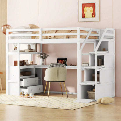 90*200cm, Hochbett, Bett und Tisch, Stauraumleiter, zwei Schubladen, weiß
