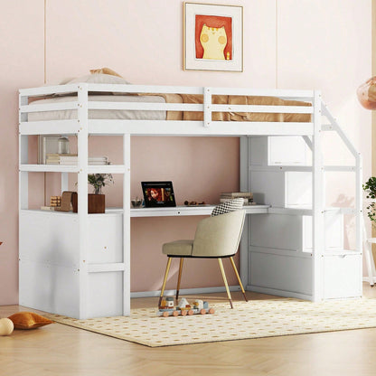 90*200cm, Hochbett, Bett und Tisch, Stauraumleiter, zwei Schubladen, weiß