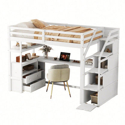 90*200cm, Hochbett, Bett und Tisch, Stauraumleiter, zwei Schubladen, weiß
