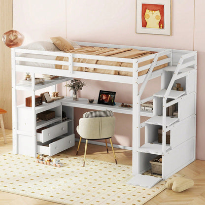 90*200cm, Hochbett, Bett und Tisch, Stauraumleiter, zwei Schubladen, weiß