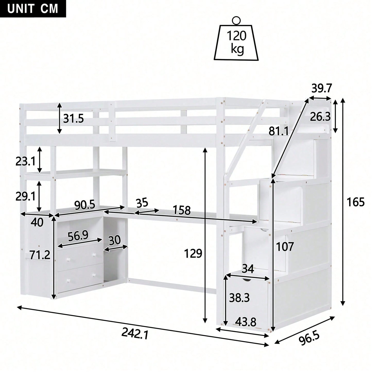 90*200cm, Hochbett, Bett und Tisch, Stauraumleiter, zwei Schubladen, weiß