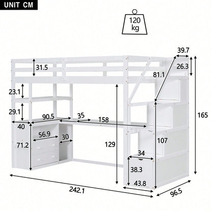 90*200cm, Hochbett, Bett und Tisch, Stauraumleiter, zwei Schubladen, weiß