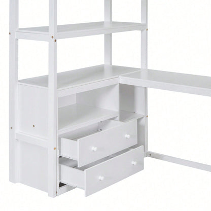 90*200cm, Hochbett, Bett und Tisch, Stauraumleiter, zwei Schubladen, weiß