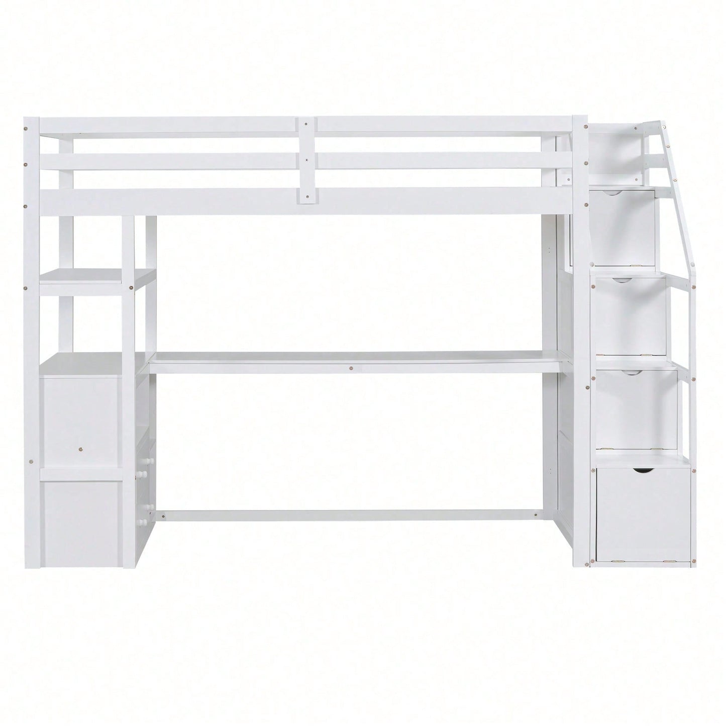 90*200cm, Hochbett, Bett und Tisch, Stauraumleiter, zwei Schubladen, weiß