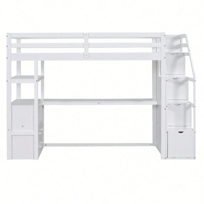 90*200cm, Hochbett, Bett und Tisch, Stauraumleiter, zwei Schubladen, weiß