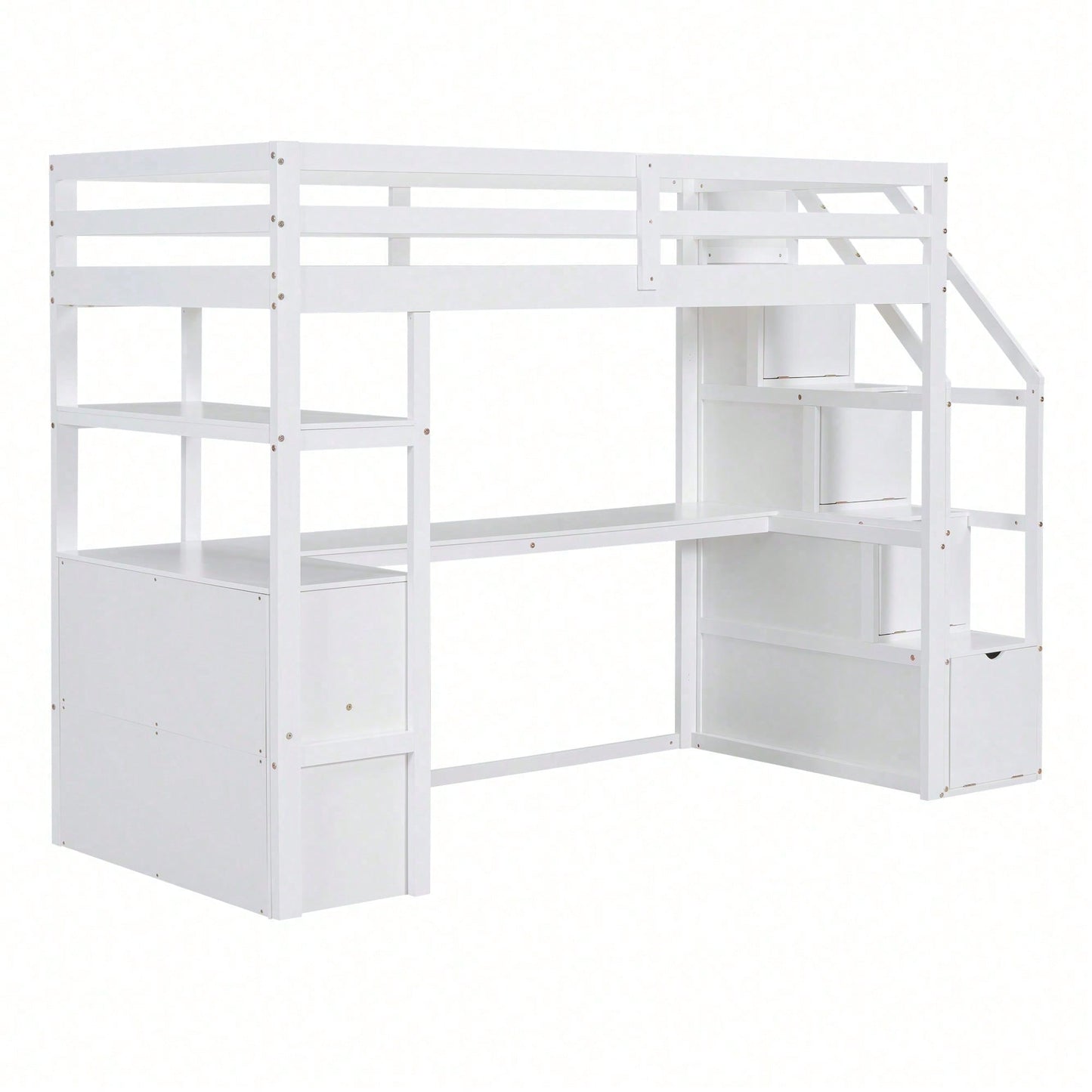 90*200cm, Hochbett, Bett und Tisch, Stauraumleiter, zwei Schubladen, weiß