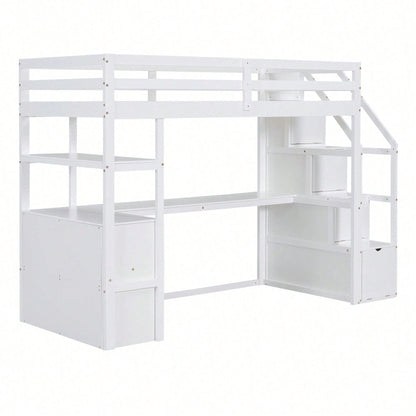 90*200cm, Hochbett, Bett und Tisch, Stauraumleiter, zwei Schubladen, weiß