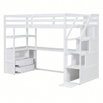 90*200cm, Hochbett, Bett und Tisch, Stauraumleiter, zwei Schubladen, weiß