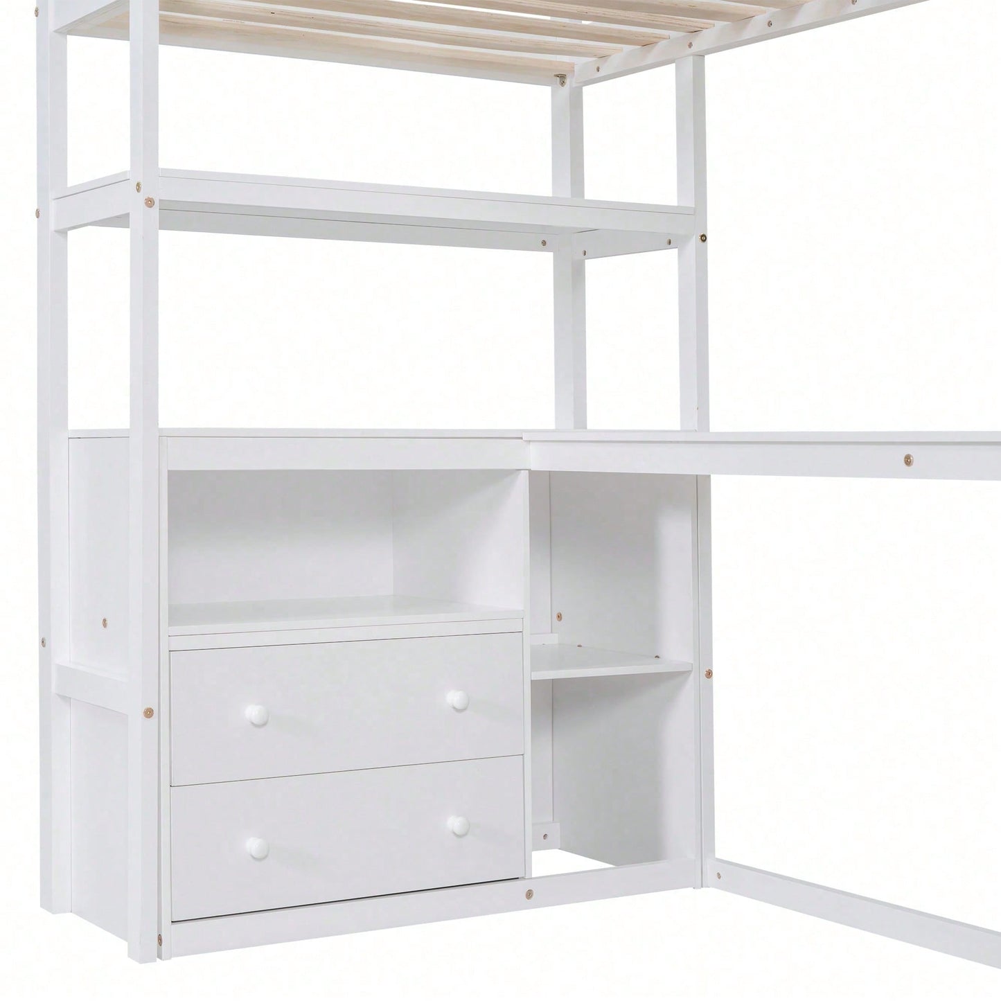 90*200cm, Hochbett, Bett und Tisch, Stauraumleiter, zwei Schubladen, weiß