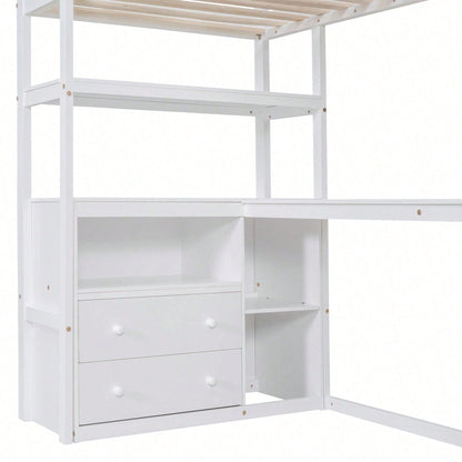 90*200cm, Hochbett, Bett und Tisch, Stauraumleiter, zwei Schubladen, weiß