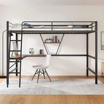 90x200cm Bettgestell Metallbett, Eisenbett, Hochbett mit L-förmigem Schreibtisch und einem Regal für Kinder, Jugendliche und Erwachsene, schwarz