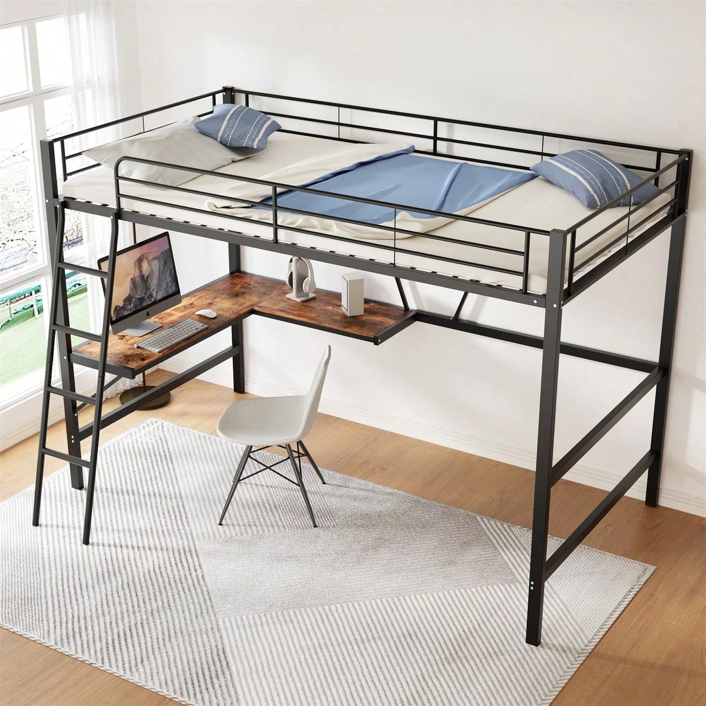 90x200cm Bettgestell Metallbett, Eisenbett, Hochbett mit L-förmigem Schreibtisch und einem Regal für Kinder, Jugendliche und Erwachsene, schwarz