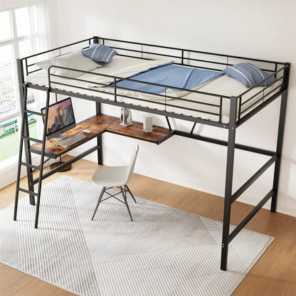 90x200cm Bettgestell Metallbett, Eisenbett, Hochbett mit L-förmigem Schreibtisch und einem Regal für Kinder, Jugendliche und Erwachsene, schwarz