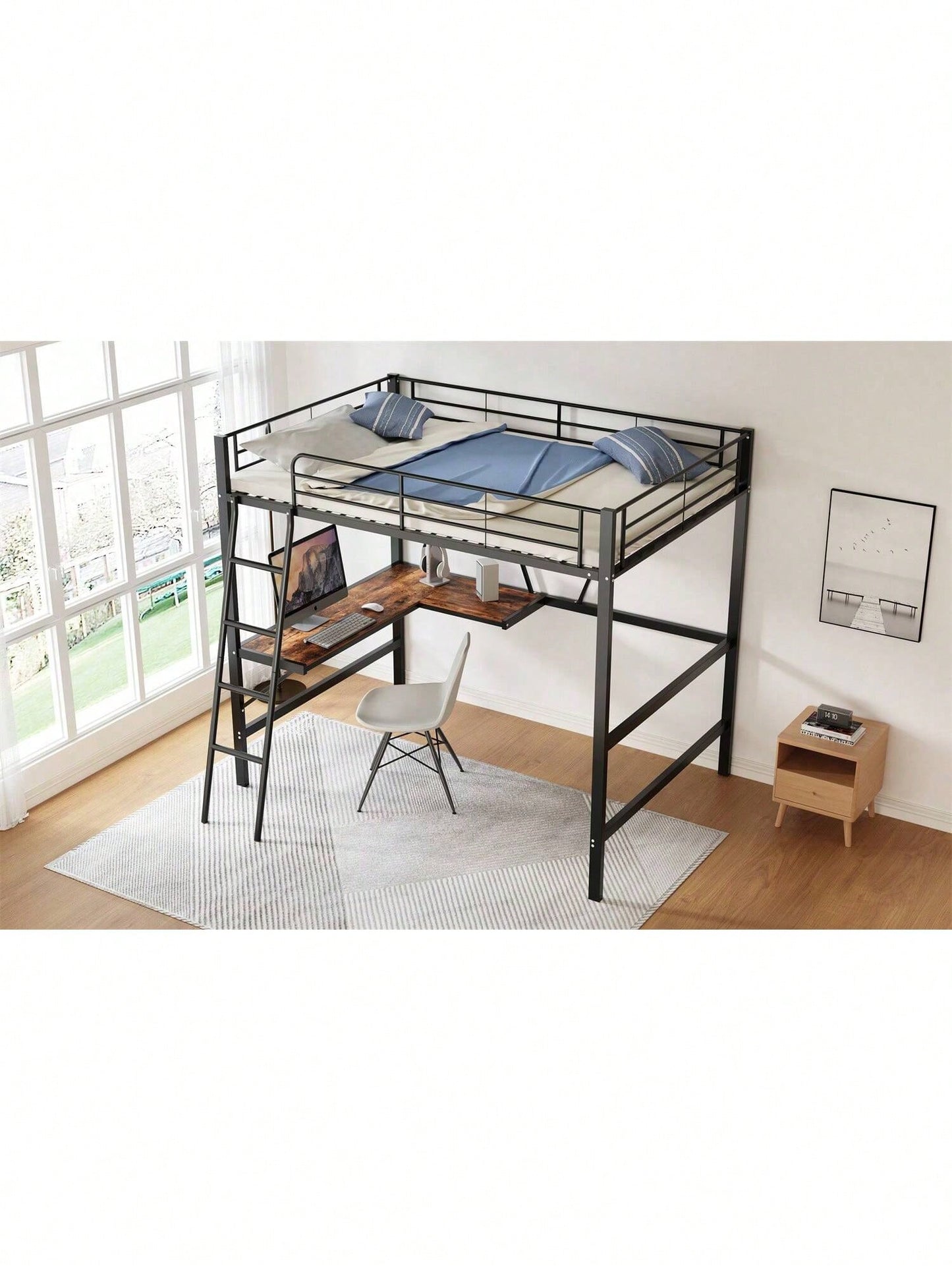 90x200cm Bettgestell Metallbett, Eisenbett, Hochbett mit L-förmigem Schreibtisch und einem Regal für Kinder, Jugendliche und Erwachsene, schwarz
