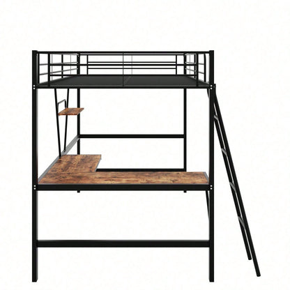 90x200cm Bettgestell Metallbett, Eisenbett, Hochbett mit L-förmigem Schreibtisch und einem Regal für Kinder, Jugendliche und Erwachsene, schwarz