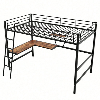 90x200cm Bettgestell Metallbett, Eisenbett, Hochbett mit L-förmigem Schreibtisch und einem Regal für Kinder, Jugendliche und Erwachsene, schwarz