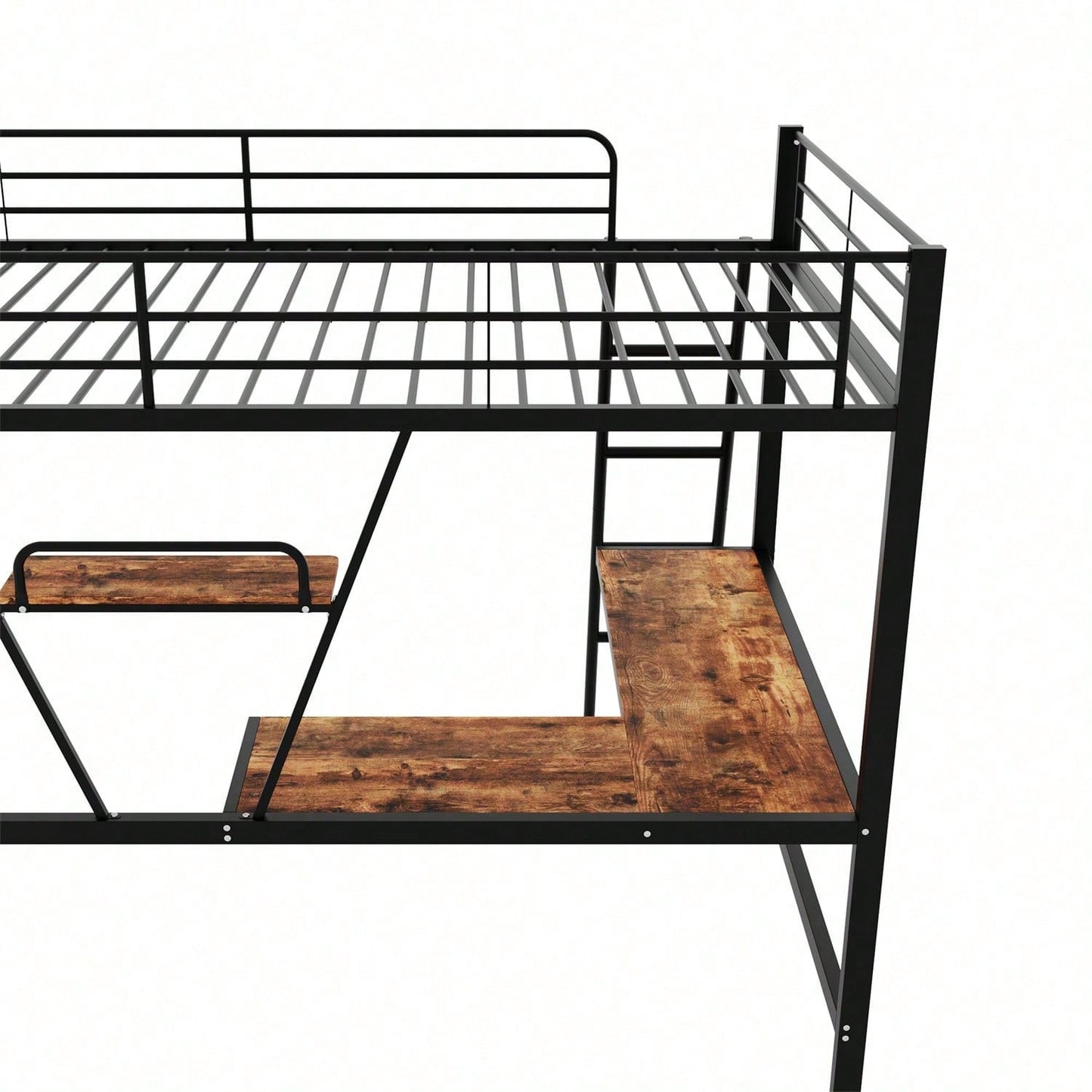 90x200cm Bettgestell Metallbett, Eisenbett, Hochbett mit L-förmigem Schreibtisch und einem Regal für Kinder, Jugendliche und Erwachsene, schwarz