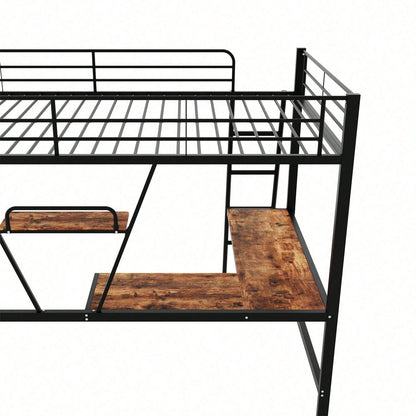 90x200cm Bettgestell Metallbett, Eisenbett, Hochbett mit L-förmigem Schreibtisch und einem Regal für Kinder, Jugendliche und Erwachsene, schwarz
